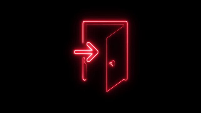 Neon Logout icon animation on black screen, exit button, sign out symbol video footage, logout off animated clip. 4k video