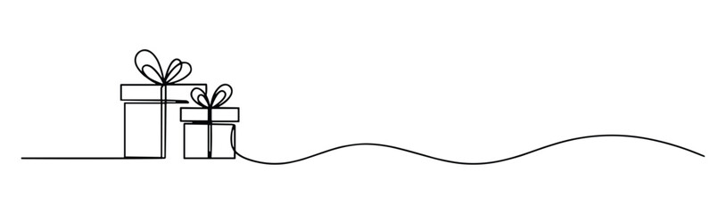 Fototapeta premium Minimalist line drawing of two gifts with ribbons on a wavy continuous line simple elegant illustration