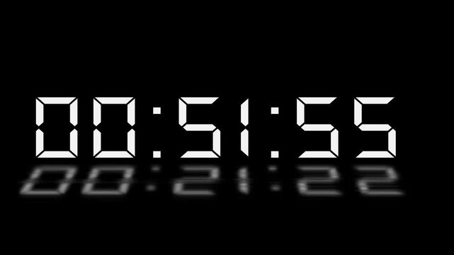 Digital 52 minute Countdown. Digital 52 to 51 minute Countdown timer on black background. Digital Countdown timer from 52 minute to 51 minute suitable for presentations, educational 4k video