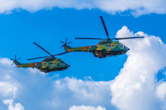TIMISOARA, ROMANIA - JUNE 23, 2018: Helicopter doing demonstrations at one air show organized by international airport from Timisoara.