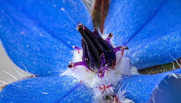 Extreme Macro Shot of Vibrant Blue Borage Flower Center Showing Detailed Stamens and Hairy Petals