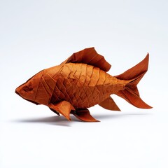 Fototapeta premium Intricate Brown Leaf Origami Fish Sculpture Isolated On A Clean White Background Studio Photography