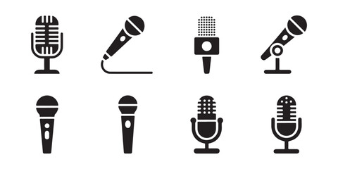 Microphone icon set including retro studio mics and wireless handheld models for audio recording. © StockDesign
