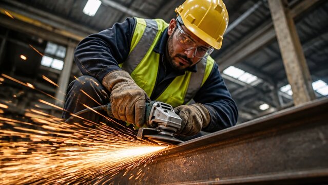 Construction worker wearing safety uniform uses handheld grinder, with sparks flying in industrial setting.