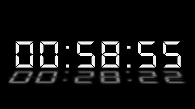 Digital 15 minute Countdown. Digital 59 to 58 minute Countdown timer on black background. Digital Countdown timer from 59 minute to 58 minute suitable for presentations, educational 4k video