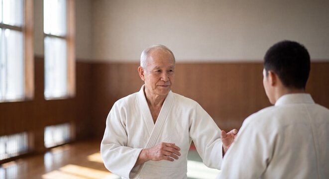 An experienced elderly martial artist in a white uniform practicing judo or aikido with a younger student in a traditional wooden dojo.