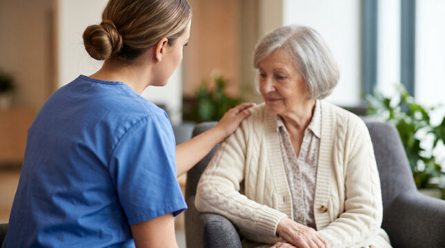 Nurse in blue scrubs comforting elderly woman in chair.