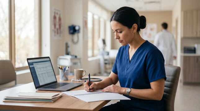 Nurse in blue scrubs working on laptop at clinic.