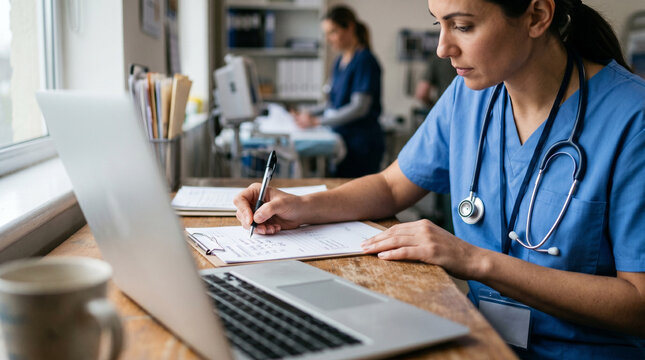 Nurse in blue scrubs using laptop and clipboard.