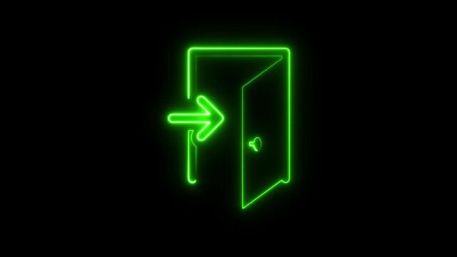 Neon Logout icon animation on black screen, exit button, sign out symbol video footage, logout off animated clip. 4k video