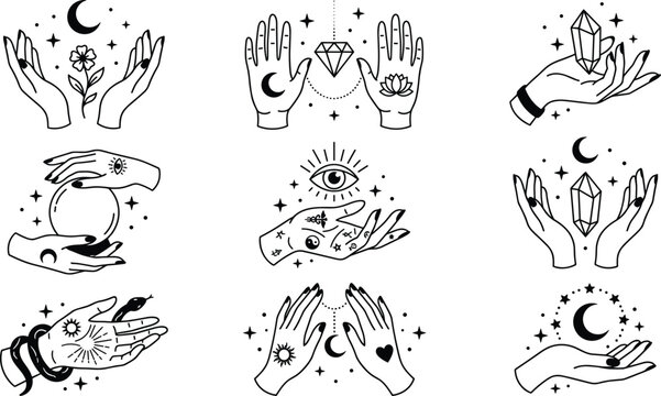 Mystical esoteric vector set featuring celestial hands holding magic crystals, crescent moon, third eye, sun symbols, and stars for occult tarot tattoo designs
