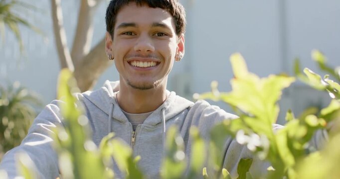 African American man 20s reaching, parting foliage to reveal smiling face to camera in grey hoodie