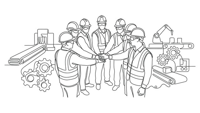 A group of industrial factory workers joining hands together