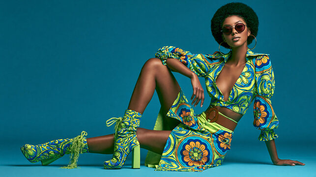 retro black woman in colorful seventies fashion, glamorous africanamerican model in vibrant vintage style, stylish woman wearing colorful retro inspired outfit