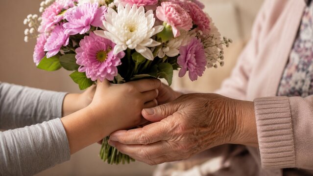 A Young Child Presents a Beautiful Bouquet of Colorful Flowers to an Elderly Woman, Symbolizing Love, Care, and Generational Bonding Through Nature's Beauty