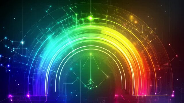 Glowing neon rainbow arc with digital network line on dark background, futuristic technology concept, vibrant energy, colorful data connection, modern innovation.
