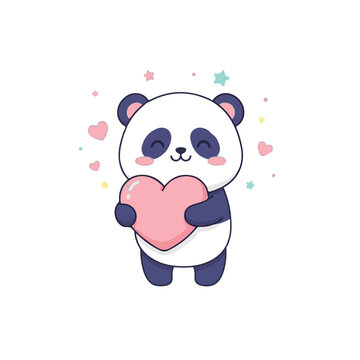 Adorable panda character hugging a big pink heart