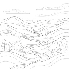 Fototapeta premium Stylized landscape with winding river and rolling hills in minimalist line art style
