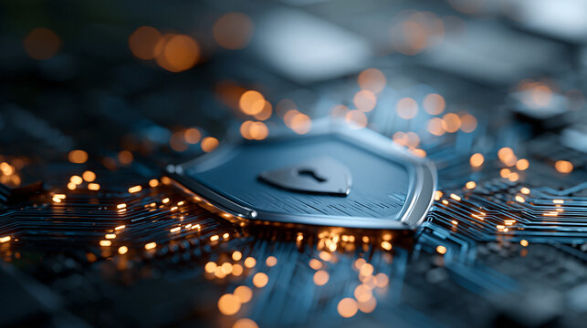 Glowing shield icon over bright digital circuitry close up abstract composition with clean light background validation shield cyber security data protection encryption