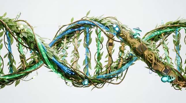 Abstract molecular DNA background with botanical AI elements