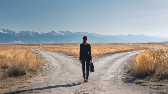 A businesswoman stands at the crossroads, holding two different paths in her hands and thinking about which path to choose.