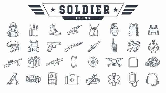 Soldier Line Icons Set Featuring Military Personnel, Defense Equipment, and Army Outline Symbols