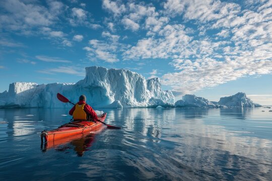A red kayak in the ocean surrounded by icebergs in an Antarctic landscape.