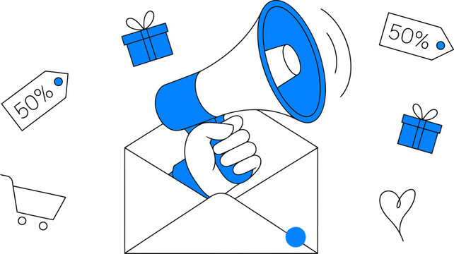 Hand holding blue megaphone announcing sale with gift boxes and fifty percent discount tags vector, transparent background