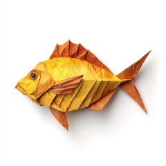 Fototapeta premium Origami Fish Made From Golden Autumn Leaves On A Clean White Background High Angle View
