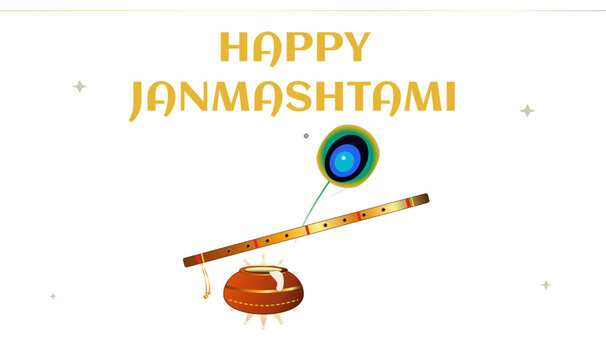 Happy Janmashtami Poster Design Featuring with Flute, Matki, and Traditional Festival Elements