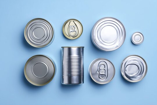 A top view of different tin cans with metal rings on a light blue background, in a flat lay arrangement.