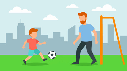 Father and son playing soccer in a park with city skyline background © Artification
