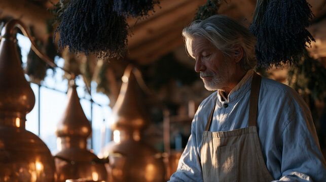 Rows of young copper alembic stills glinting under warm barn lighting in a family-owned essential oil distillery, a botanist with silver hair in a work apron checking the flow of