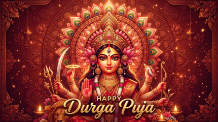 Obraz premium Happy Durga Puja Festival Greeting Banner Featuring Goddess Durga with Sacred Weapons and Traditional Hindu Decorative Background
