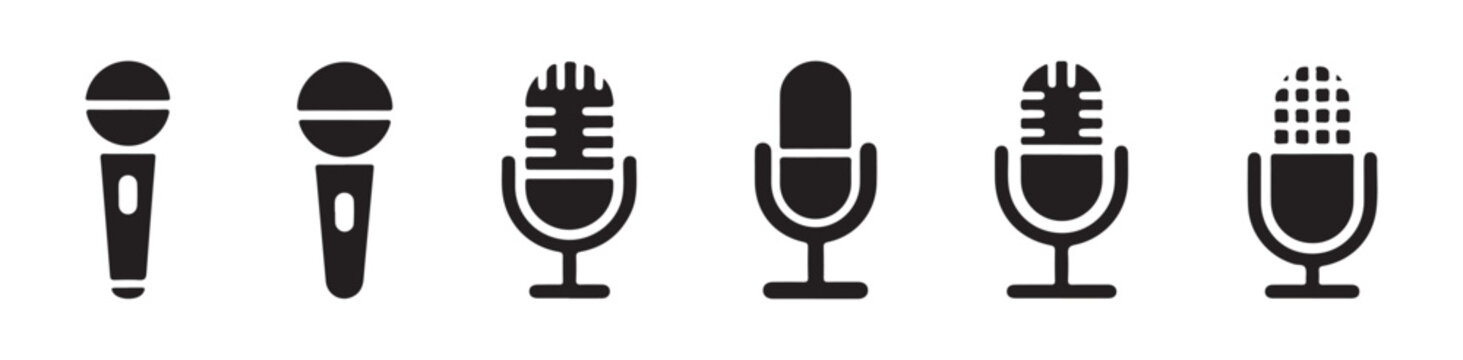 Professional studio microphone icons set for podcast recording voice over and radio broadcasting.