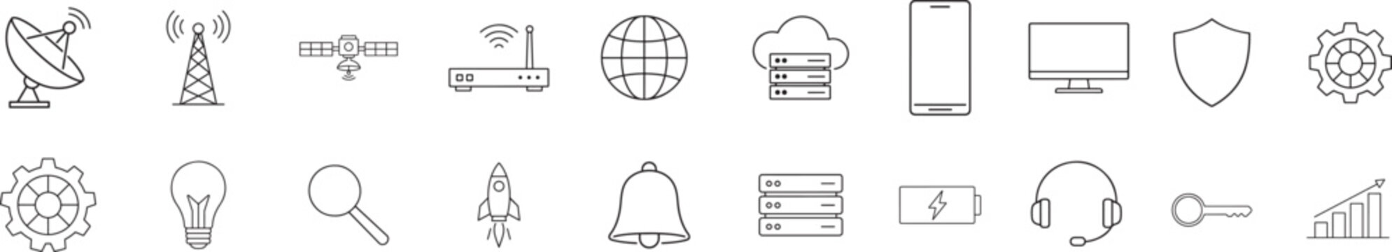 Satellite dish line icon set with editable stroke minimal vector symbols for apps, cards, banners, posts.