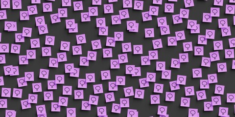 Many violet stickers on black board background with venus symbol drawn on them. Flat layout. 3d render, Illustration © Hairem
