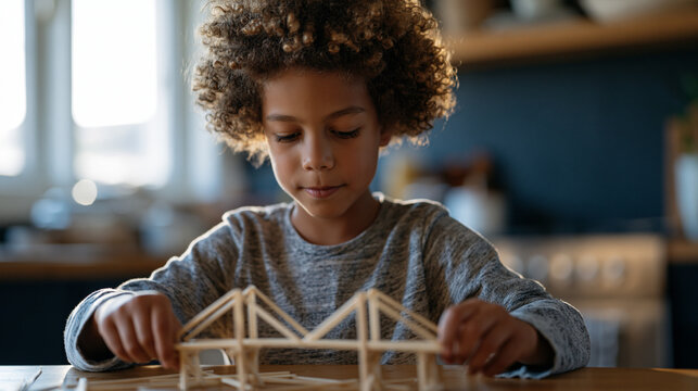 A curly-haired boy focused intently building a miniature wooden bridge from balsa wood sticks and glue at a kitchen table, STEM learning at home, problem solving skills,
