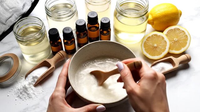Person mixing DIY natural product with lemon, baking soda, oils