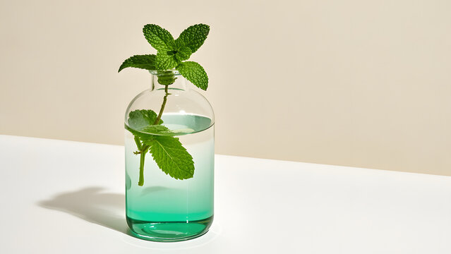Fresh mint sprig in clear glass bottle with green liquid, minimalist white surface