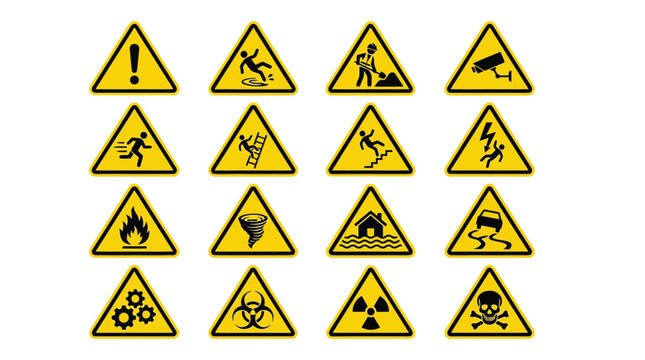 Set of yellow triangular safety warning signs featuring various hazard symbols in a vector graphic illustration