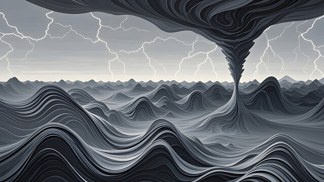 Abstract grayscale tornado swirling over layered wave-like terrain with lightning in sky