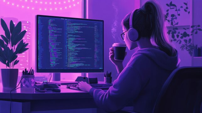 woman developer coding on computer with purple neon lights