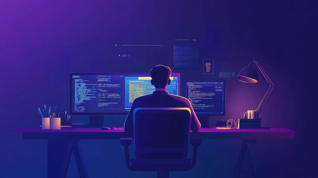 programmer working on computer screens in dark room