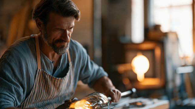 Czech master glassblower shaping molten gather at the end of a blowpipe in a furnace-lit workshop, traditional craft industry, heritage manufacturing, intense heat environment,