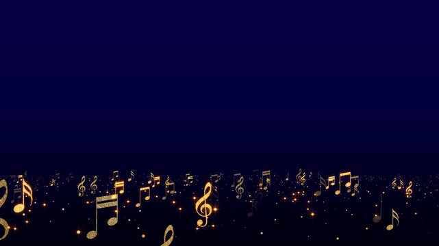 golden music notes flying space bottom on dark blue background animation,song, music and concert stream social media motion background