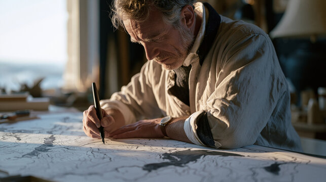 A cartographer rendering topographic contours onto a large paper map using ink pen at a drafting table, traditional cartography, geographic illustration, spatial data