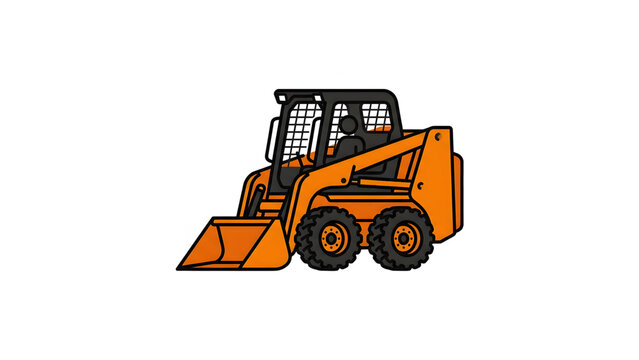 Flat vector illustration of an orange skid steer loader construction vehicle on white background