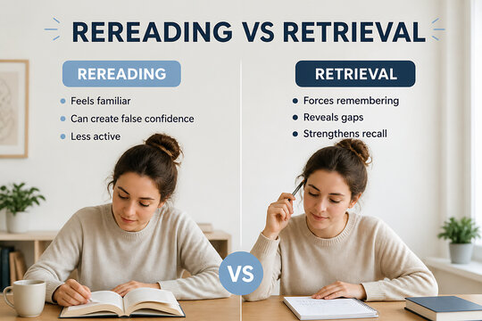 Two young women are seated at a table, one reading a book (Rereading) and the other writing in a notebook while thinking (Retrieval), illustrating a comparison between two study methods.