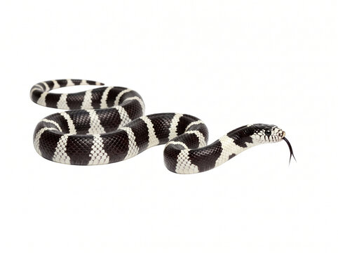 Black and white banded kingsnake flicking tongue on white background for world snake day